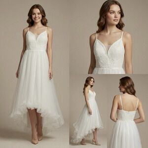 Candalite White Lace & Tulle High Low Wedding Prom Dress Size M Bridesmaid Event